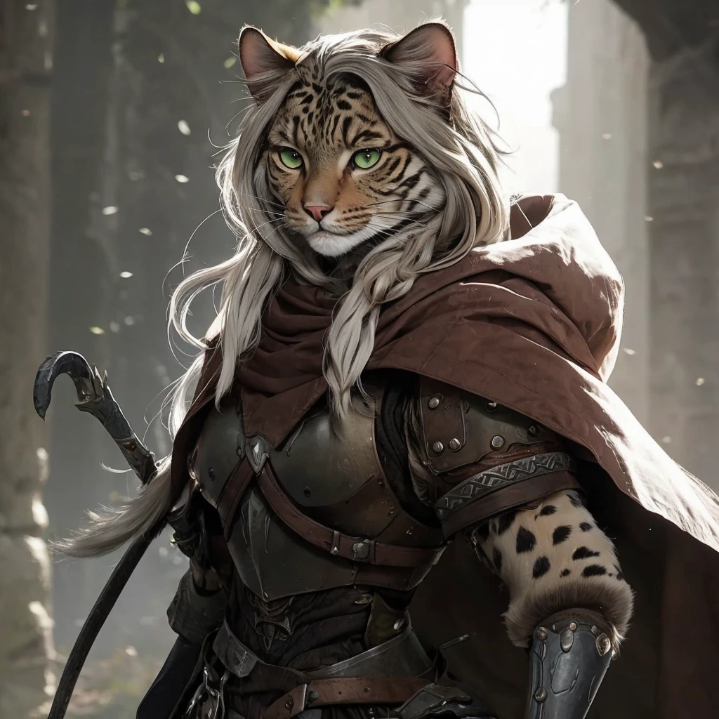 A snouted white-brown she-cat with short gray hair, green-swamp eyes and armor