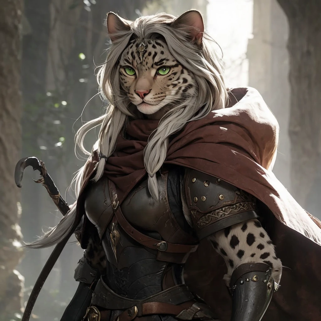 A snouted white-brown she-cat with short gray hair, green-swamp eyes and armor