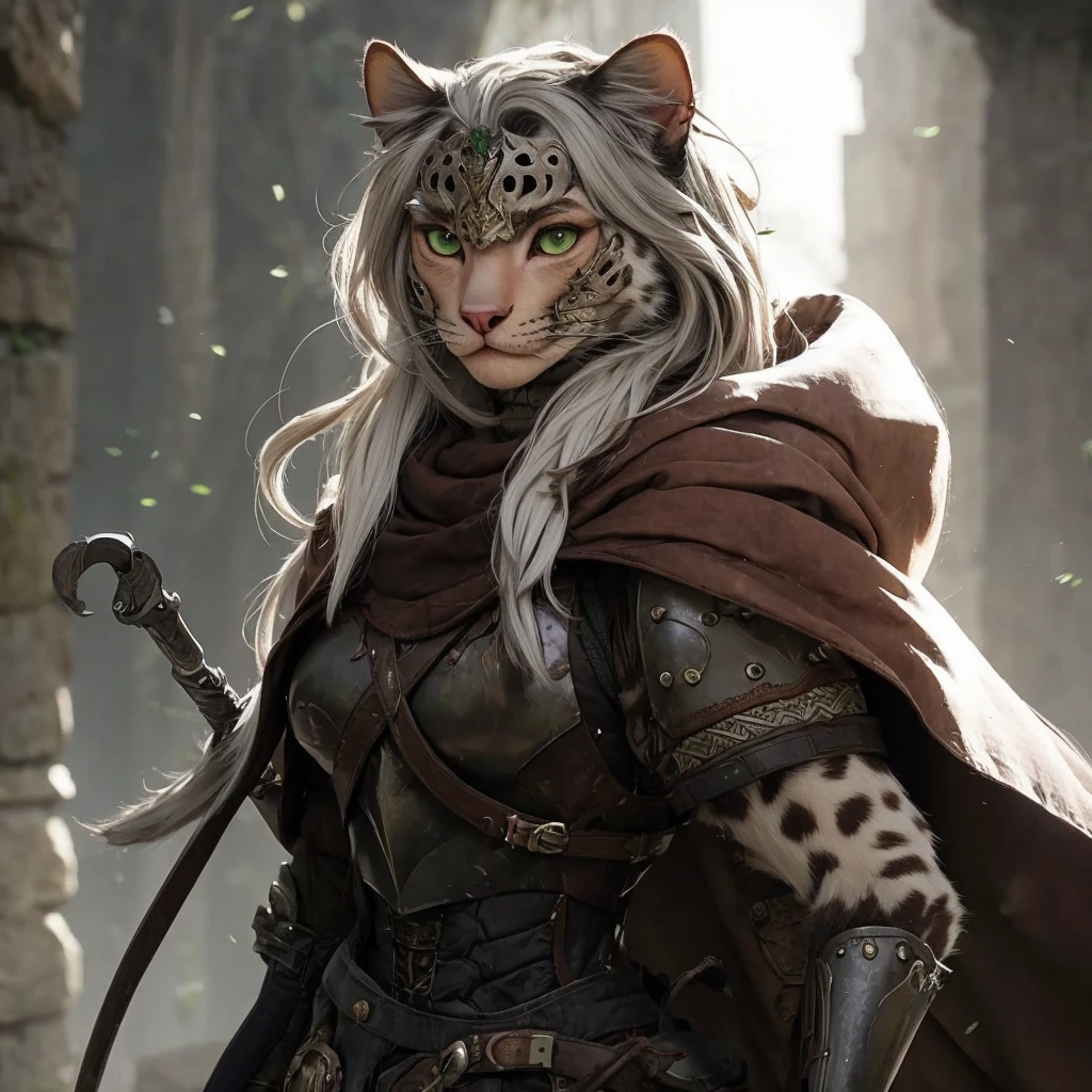 A snouted white-brown she-cat with short gray hair, green-swamp eyes and armor