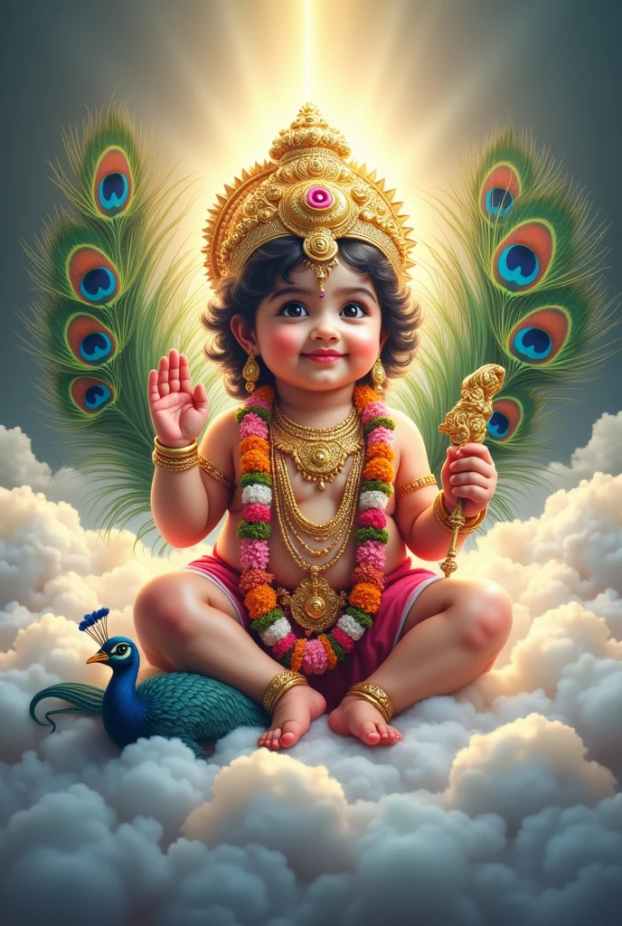 A divine kartikeya resembling a  deity is depicted seated amidst fluffy white clouds, surrounded by a radiant light. The Kartiya  wears an ornate golden crown and colorful traditional attire, adorned with intricate jewelry and floral garlands. In one hand, the deity holds a ceremonial staff, while a peacock is positioned at the feet, adding to the ethereal ambiance. Behind the Kartikeya, a backdrop of peacock feathers enhances the majestic scene, detailed photo realistic  ,realisem