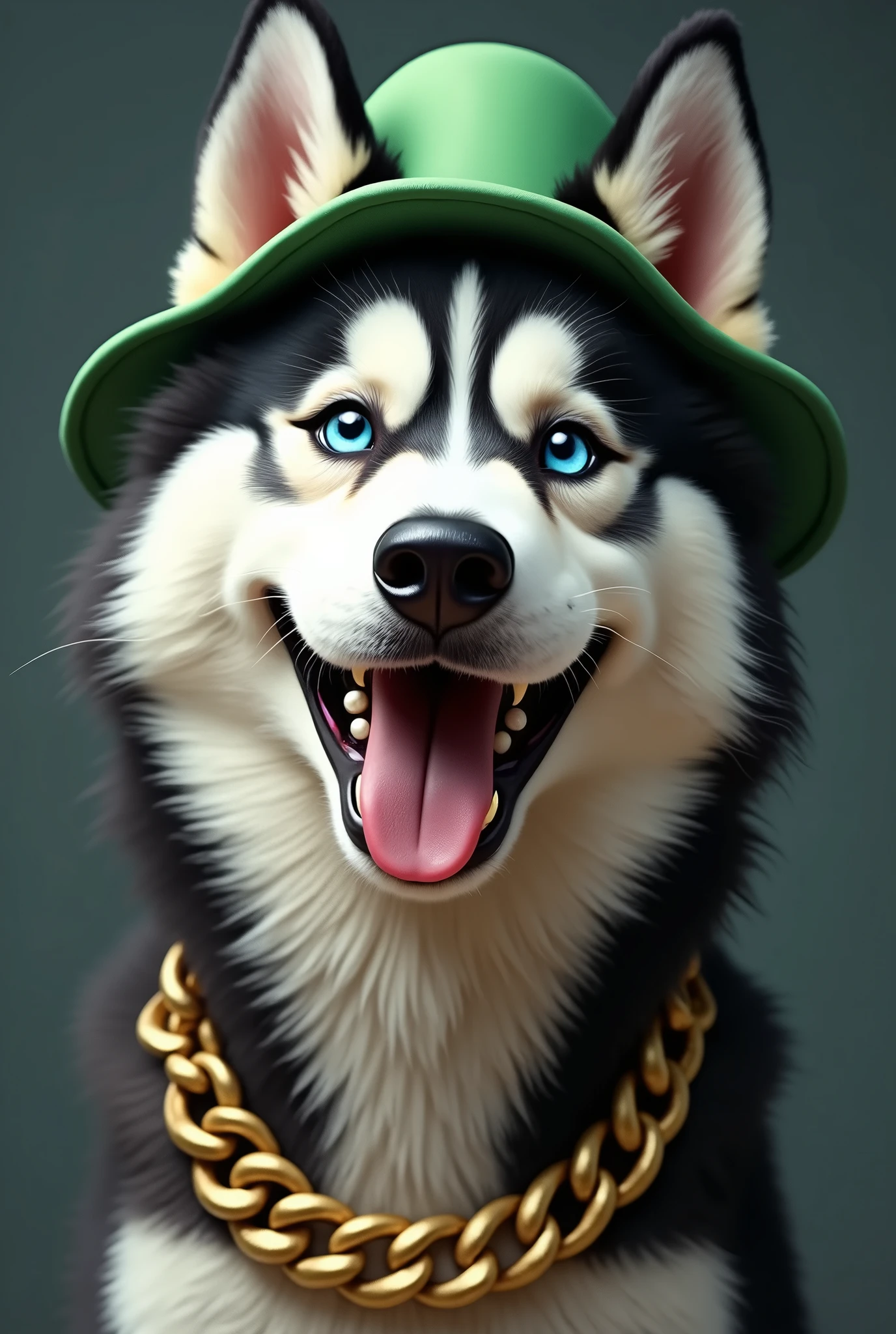 Siberian husky wearing funky green hat and gold chain hyper realistic and making a smile in which his teeth are out