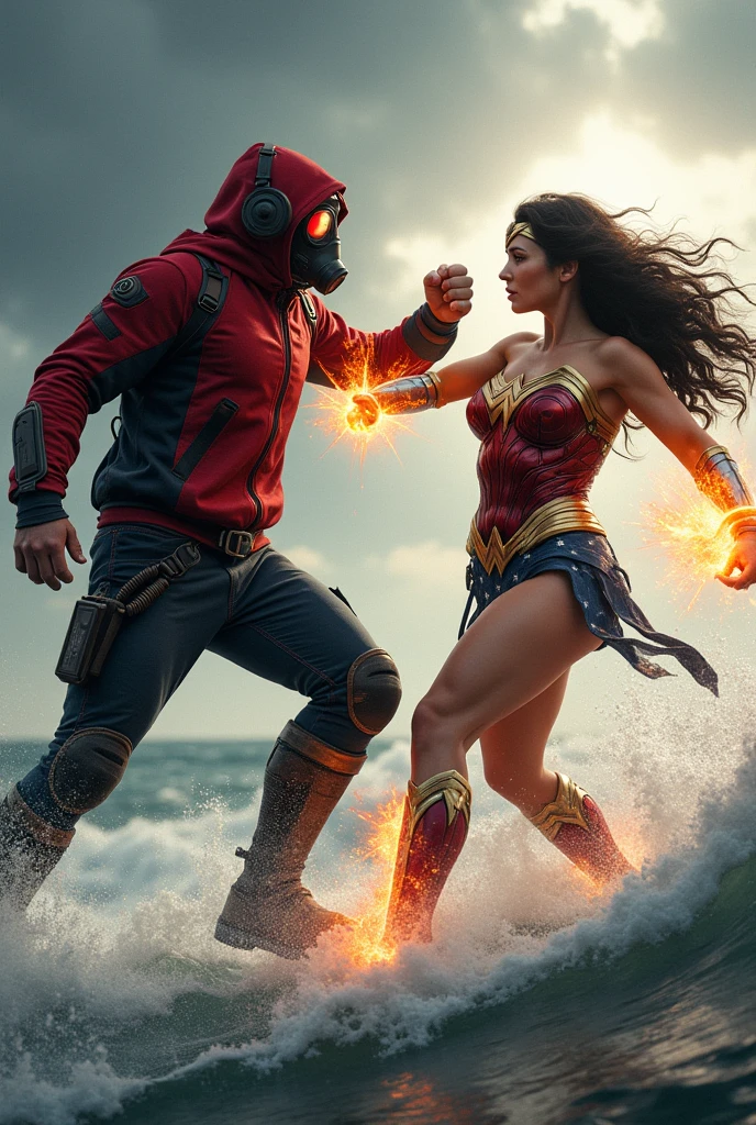 ??? Star-Lord with red hoodie, Rocket boots, headphones, star-lord helmet, gas helmet, Covered mouth, Round & red eyes + Wonder woman, big breasts, perfect body, Busty, realistic, power, Kick, Attack, magic rings in the hands, Fighting, power, fiction, full body, 2 persons, magic lasso, hight, fall, fire in boots, powerful spells, realistic, mask, war, kill, dead, ocean