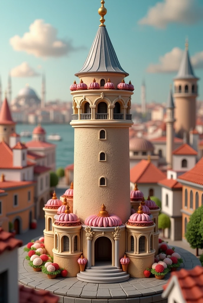 imagine Galata Tower in Istanbul as a cup cake