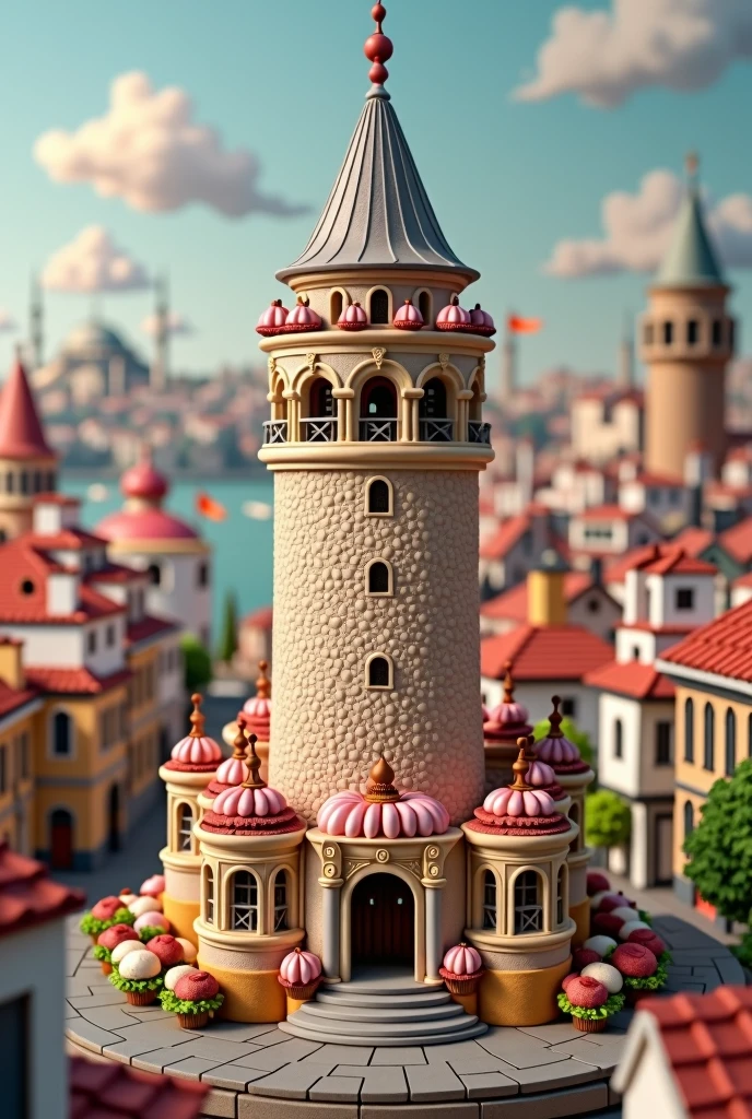 imagine Galata Tower in Istanbul as a cup cake