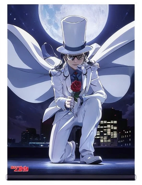 White suit White Top Hat Glasses for the right eye only male Japanese Black Hair Beautifully Stealing Big Jewel