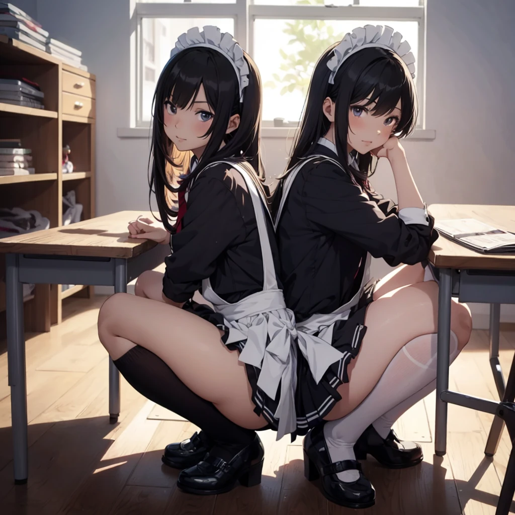 anime girl in a maid outfit sitting on a desk with her legs crossed, a hyperrealistic schoolgirl, [ 4 k digital art ]!!, hyperrealistic schoolgirl, ecchi, realistic schoolgirl, (sfw) safe for work, seductive anime girl, anime barbie in white stockings, mayuri shiina, noire moody scene, beautiful anime girl squatting