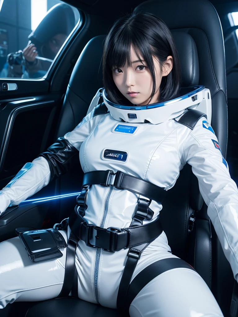 Japanese female android,Black Hair,Space capsule,The person is completely secured in the seat with the backrest reclined by a thick harness belt.,Plump,Wide-legged squats,White and blue shiny robot suit,Surrounded by switches and monitors,