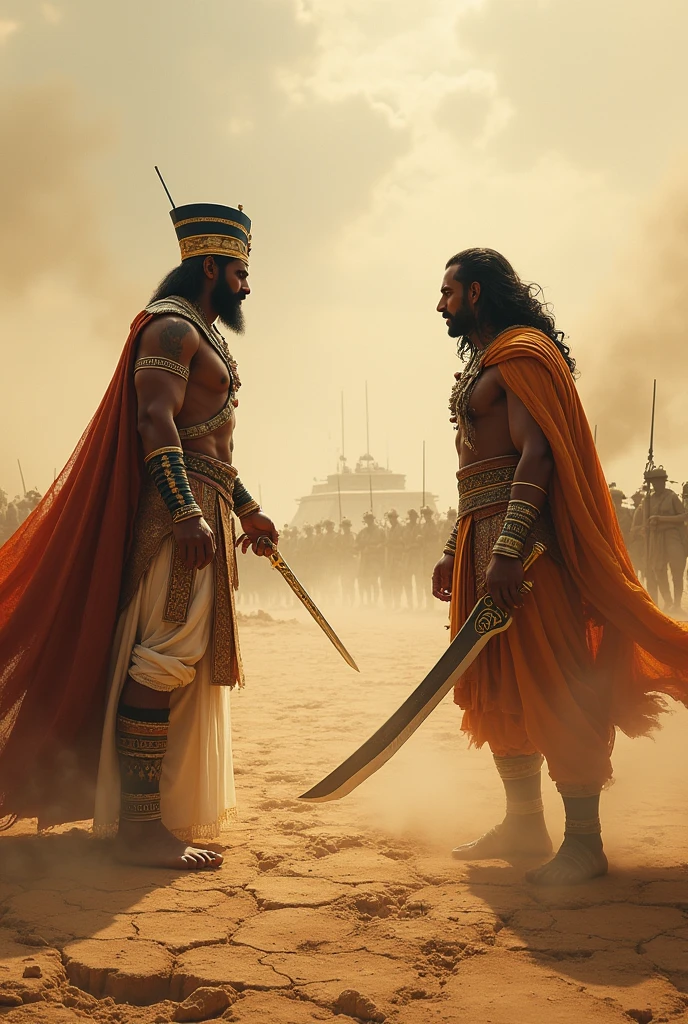 Egyptian king fighting a indian king in dusty battlefield 