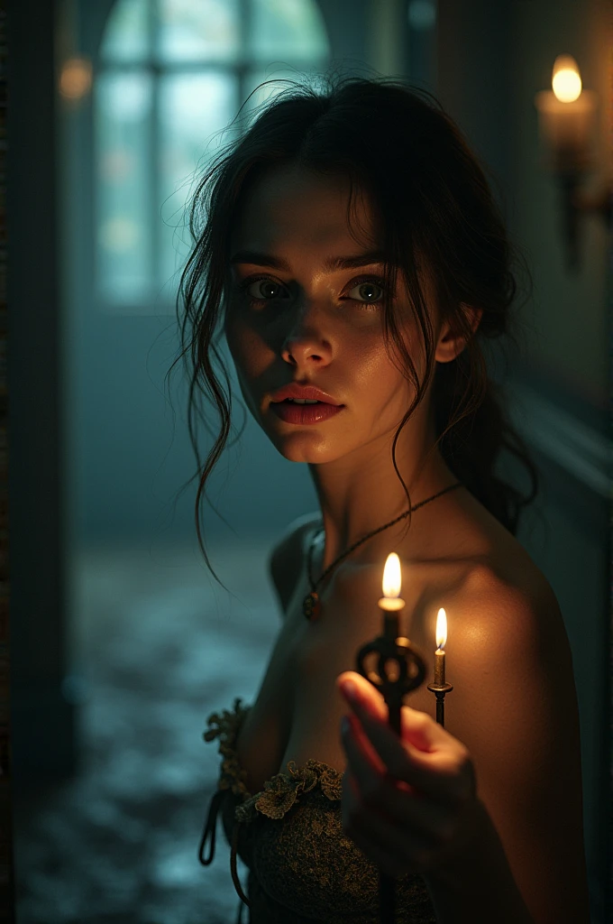 A young beautiful woman, trapped in a haunted Victorian mansion, must navigate a labyrinth of blood-soaked corridors while being hunted by a vengeful spectral entity. Her only weapon is a rusty, antique key, which she believes holds the secret to breaking the curse and escaping the house alive.crying