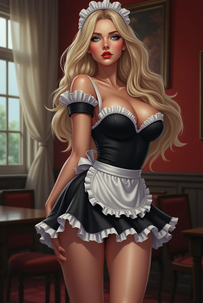 Jack-o pose,face-down butt-up,split leg forward bend, Blond hair with white highlights, (wearing a sexy maid dress), beautiful, big breasts, big cleavage, sexy, hot, sexy pose, 1 girl, full red lips, seductive look, full body, beautiful face, well proportioned body