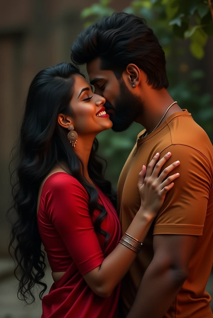 Malayali hot couples kissing girl in red blouse saree, boy in t shirt, very realistic