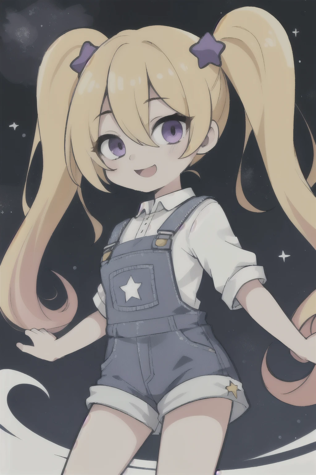 Odd Eye、Right eye is purple、The highlight is the swirl、Left eye is yellow、The highlight is the star、Hair is long twin tails、Overall it's purple, but the far right and far left are yellow、The clothes are maid uniforms standing in front of me、The background is green