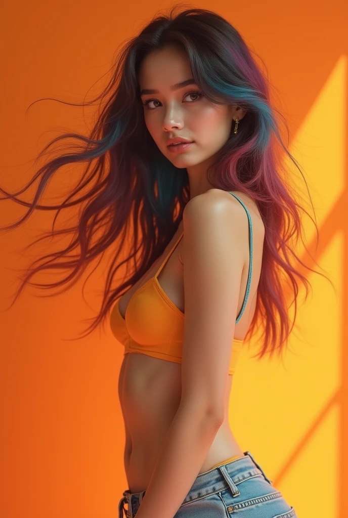 ((masterpiece)), ((best quality)), (portrait of beautiful girl), perfect detailed eyes, perfect detailed face, ultra-detailed nose, open mouth, radom color shorts, perfect teeth, bare shoulders, charming, perfect face, dimple on cheek, depth of field, highres, ((real skin texture)), (well-proportionedu hands), thin lips, random color hair, floating multicolored hair, thin waist, orange pastel background