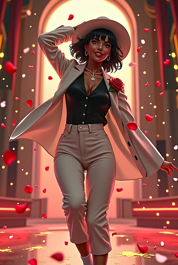 White Hat,hat,Dark Skin,womanダンサー,Black Shirt,White pantsuit,A red rose in the breast pocket,black eye,Exotic atmosphere,White socks,Black Loafers,woman,beautiful,From below,whole body,looking at the camera,Open your eyes,Open your mouth,Short Hair,Black Hair,Are standing,Raise one arm,Spotlight,Lighting using airborne particles,Michael Jackson style,Particles of glitter light,(show business),Fluttering petals,(((Dynamic pose))))Open your mouth, smile, Blonde, accessories, Illustration, Anime Style, Cowboy Shot,
