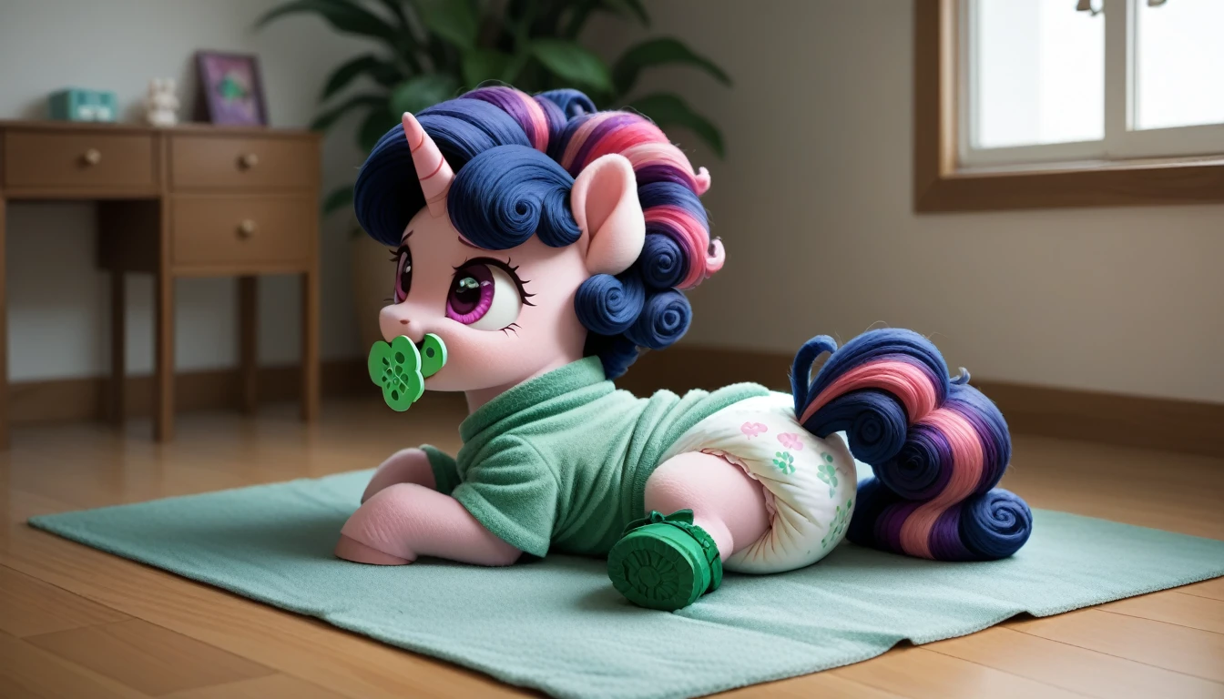 pony, Unicorn, purple wool, dark blue mane with purple streak and pink streak, the tail is dark blue with a purple strand and a pink strand, purple eyes, sitting in the room on a soft play mat, adult filly, dressed in a green bodysuit and green booties, green pacifier in mouth, solo, thick diaper under clothes.