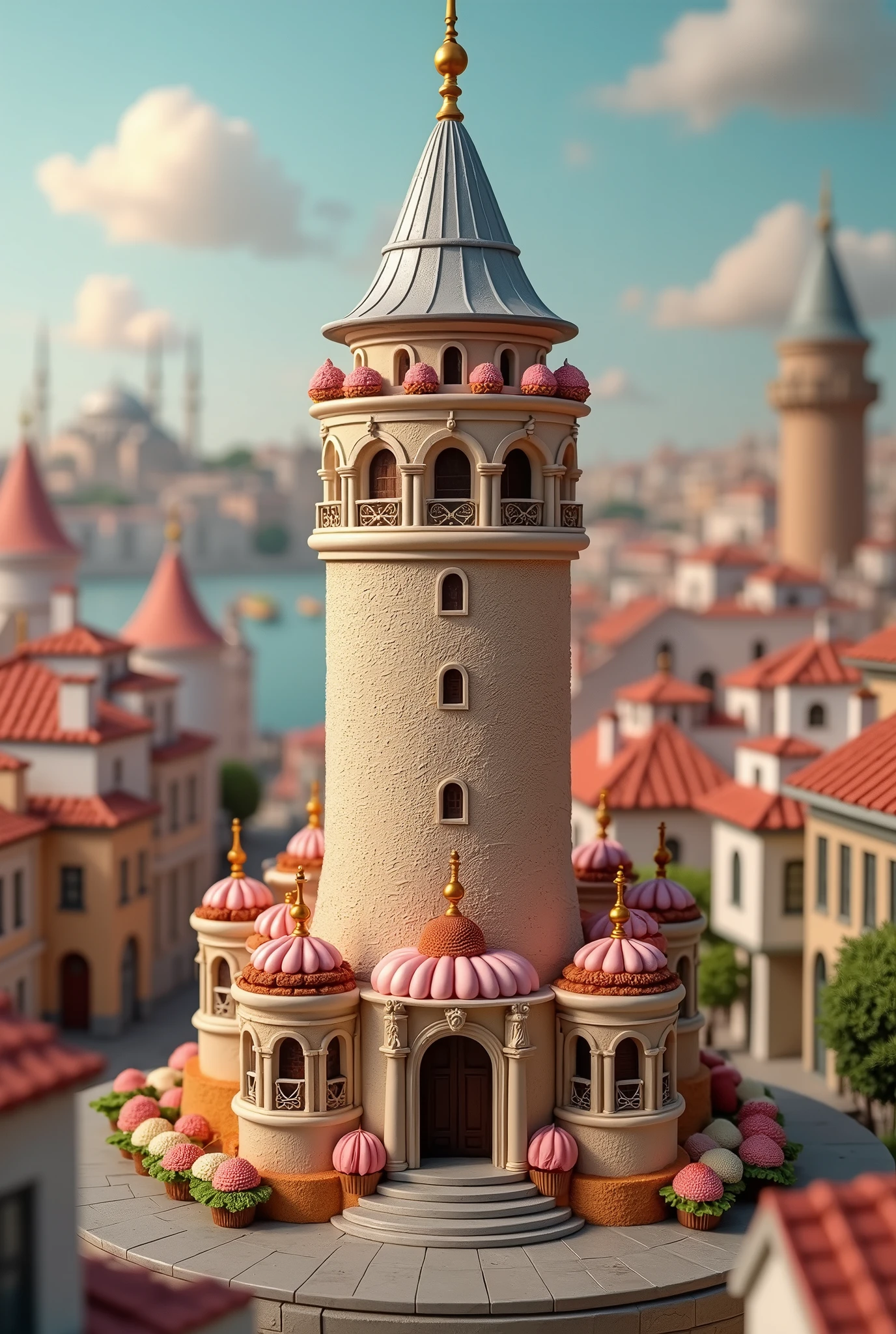 imagine Galata Tower in Istanbul as a cup cake