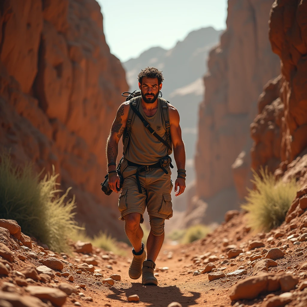 Aron Ralston with an amputated arm, walking in a canyon
