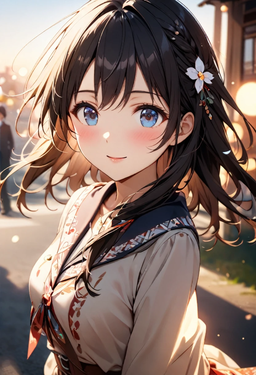 {{Highest quality}},Delicate illustration,Detailed depiction, masterpiece, Boho Eye Hinai Girl, Playful Themes, {{{Group of 2}}}、{{{Two girls}}}、High school girls、Raw photo of a girl in uniform。Decorative details and symbols are often used。, Brown hair gently fluttering in the wind,Clear blue eyes、A gentle smile、Raw photo of a girl in uniform。Decorative details and symbols are often used。, Black hair gently fluttering in the wind,Clear red eyes、A gentle smile、 Long-distance shots, High Key Light, Hard Shadows, Soft bokeh, Professional photography, A balanced deal, Balanced Exposure,