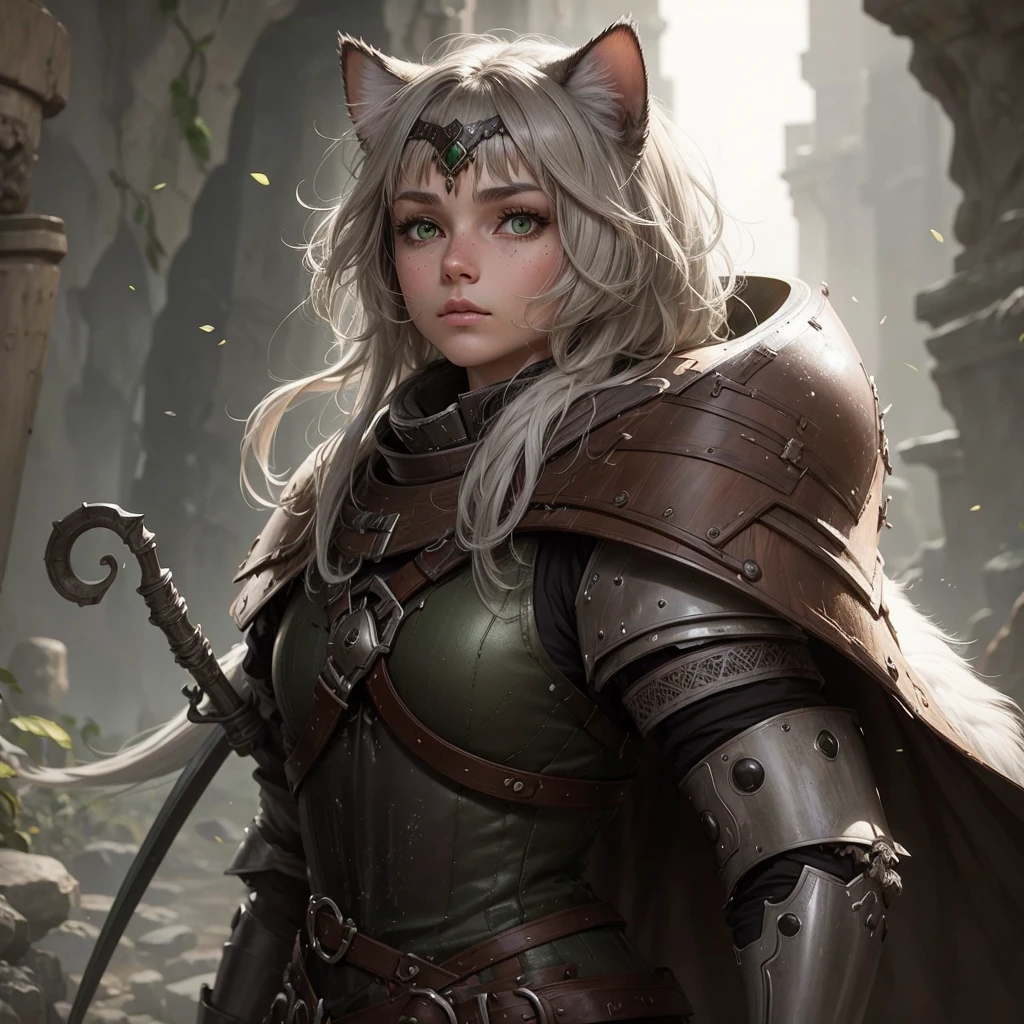A snouted white-brown she-cat with short gray hair, green-swamp eyes and armor