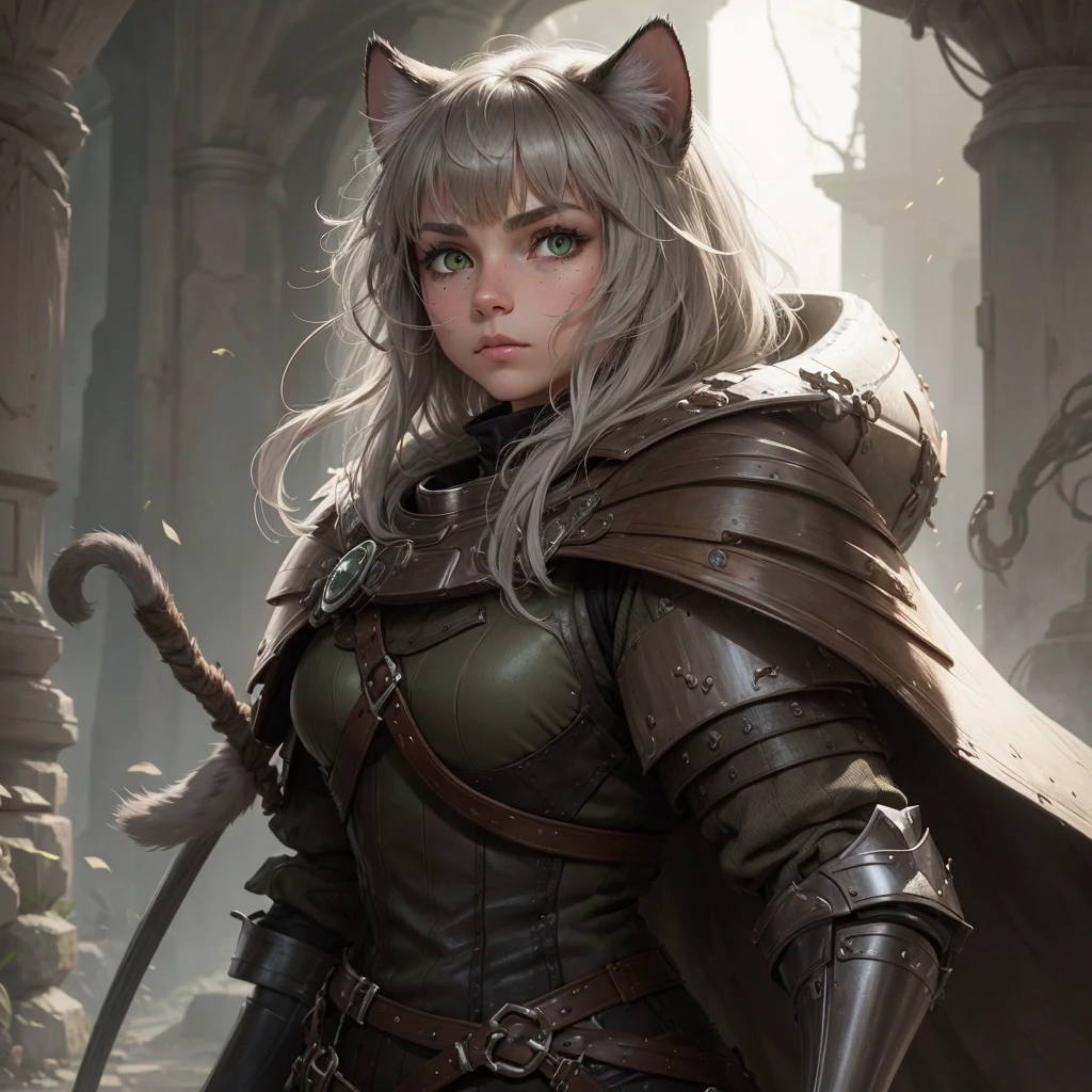 A snouted white-brown she-cat with short gray hair, green-swamp eyes and armor