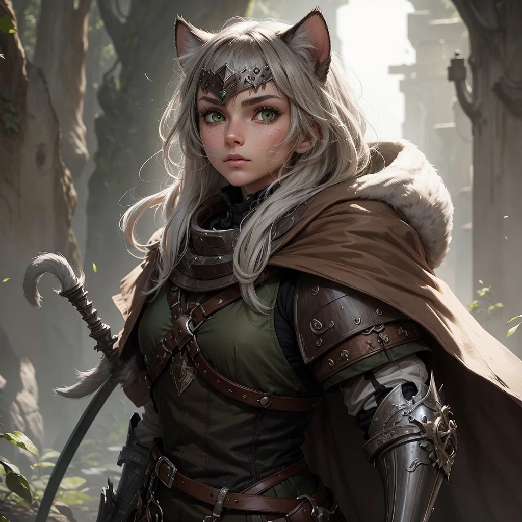 A snouted white-brown she-cat with short gray hair, green-swamp eyes and armor