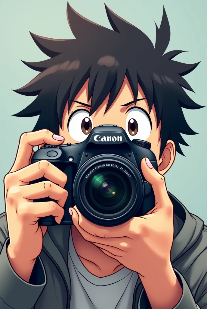 An anime man trying to take a picture of me with a canon camera  (the camera is in front of his face(