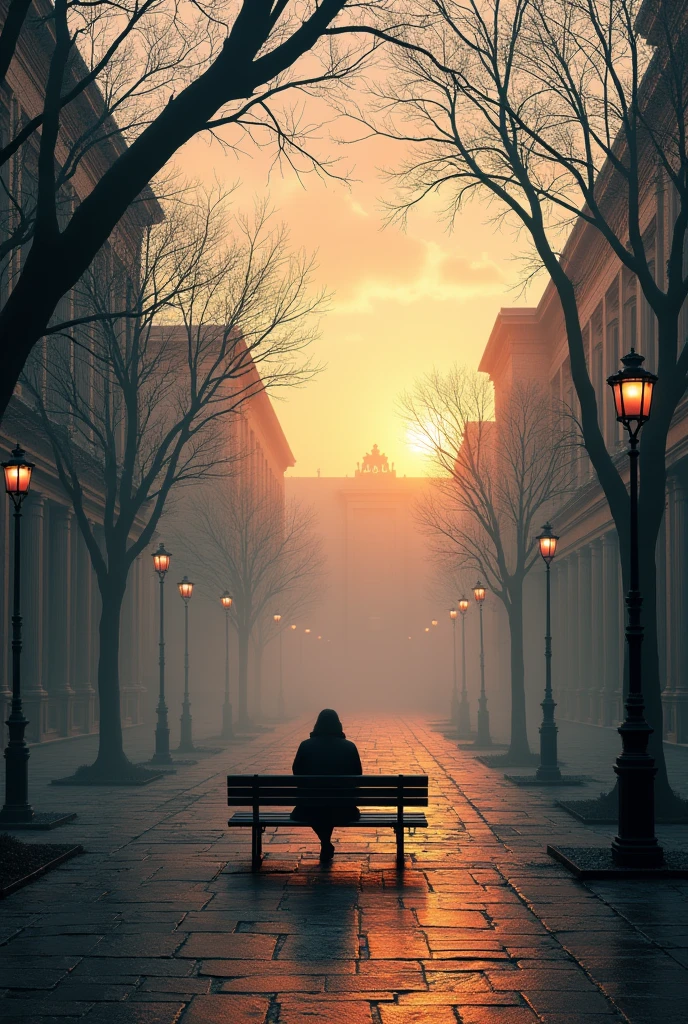 Huge square with stone walls and lamp posts, with several leafless trees as if it were a forest and fog with Roman buildings around the square and a lonely man sitting on a bench in the center of the square, only sunrise with colorful sky 