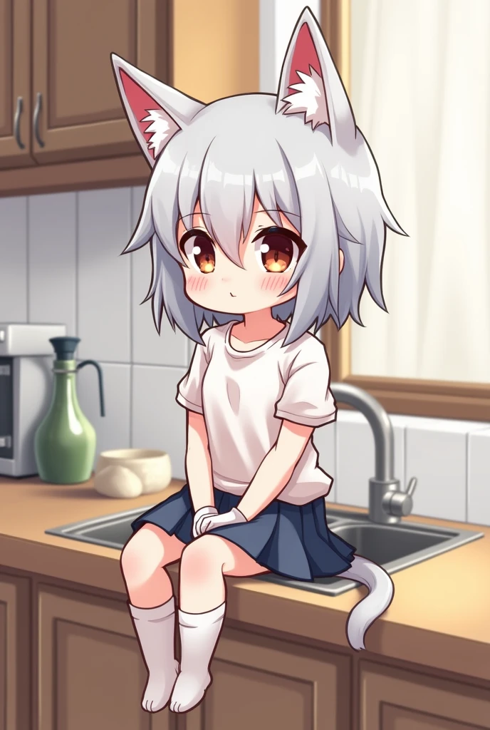 a chibi anime 1girl sitting on a kitchen, cat ears, shirt, bottomless, smile, gloves, socks