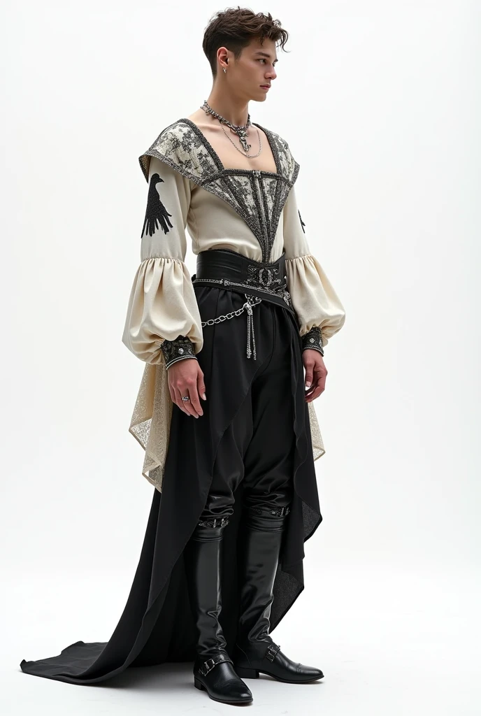 Whole body, Slim young man,ballet square neck shirt,crow prints,silk fabric, silver jewelry,along with pants with a skirt behind, medievalsilver jewelry,ancient ceremonial, delicate, Royals, delicate, Simple, White background, vista Whole body, Silk fabrics with ruffles, lace, zapatos bajos delicates