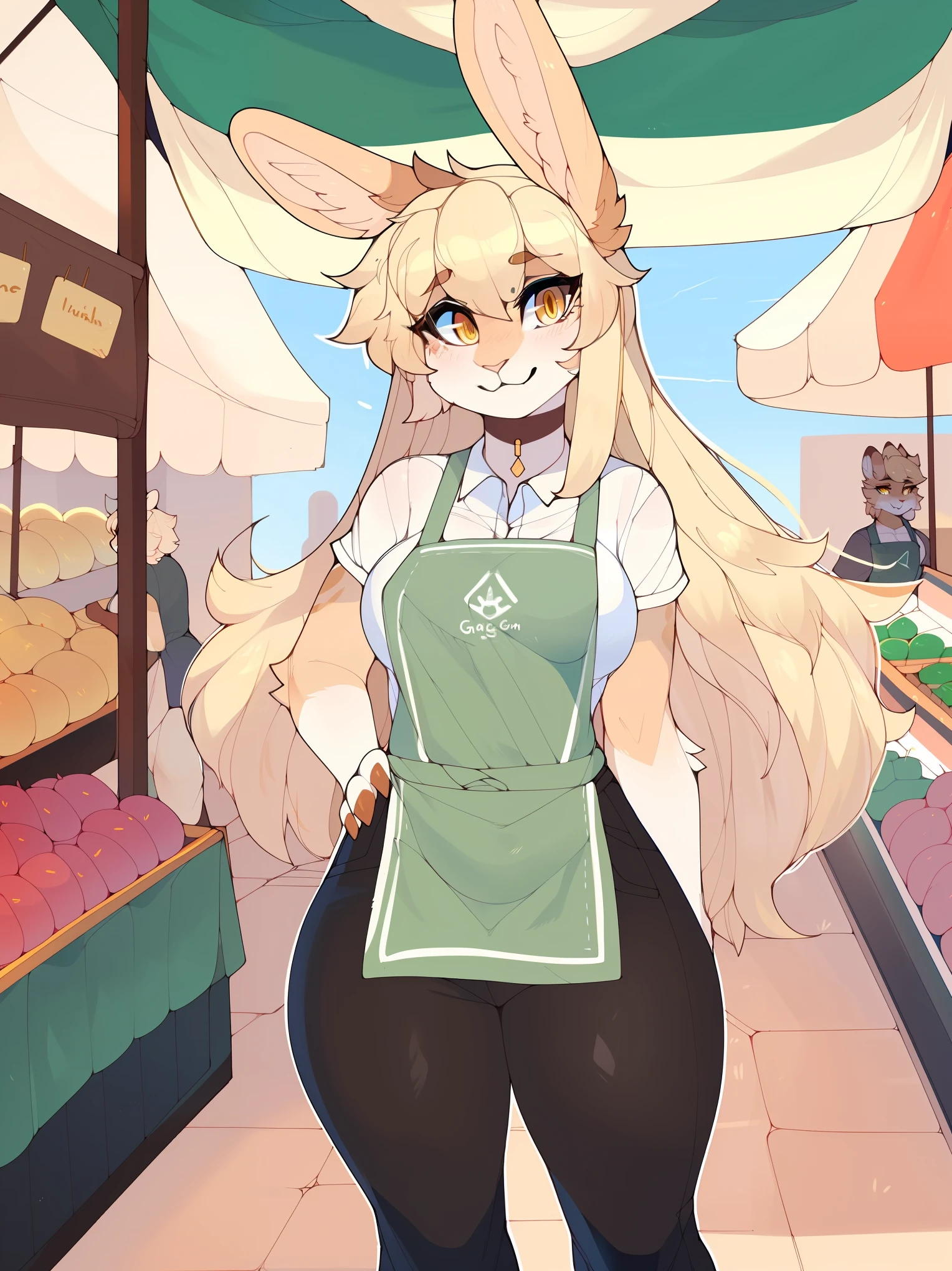 (highly detailed), ((Masterpiece)), ((Best Quality)), by claweddrip, by thericegoat, solo, female, rabbit, rabbit tail, (lop ears:1.1), blonde hair, long straight hair, beige fur, yellow eyes, bright eyes, medium breast, ((white shirt)), ((green apron)), ((black pants)), market scenery 