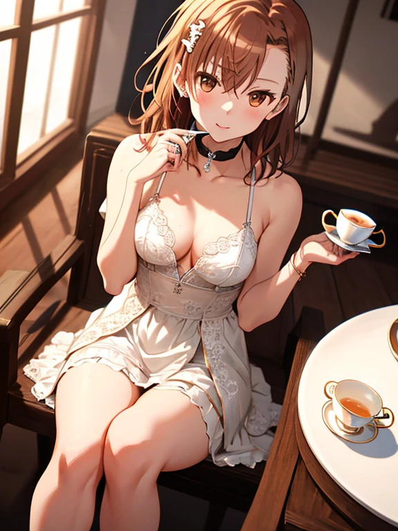(Ceramic tea cup), Evening , (Misaka Mikoto), beautiful girl, cute, wedding ring, (flat chest), uhd, retina, masterpiece, accurate, anatomically correct, textured skin, super detail, high details, high quality, best quality, highres, 8k