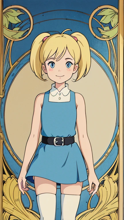 (1girl, solo, highly insanely detailed, masterpiece, top quality, best quality, highres, 4k, 8k, RAW photo),((innocent look)),((Childish)),From the front, symmetrical composition,smile,cute,Innocent,Kind eyes,Flat chest,Art Nouveau Style,ghibli style,vines, (bubbles), (blonde hair, blue eyes, short twintails, pigtails)
(dress, sky-blue sleeveless dress, black belt, white thighhighs)