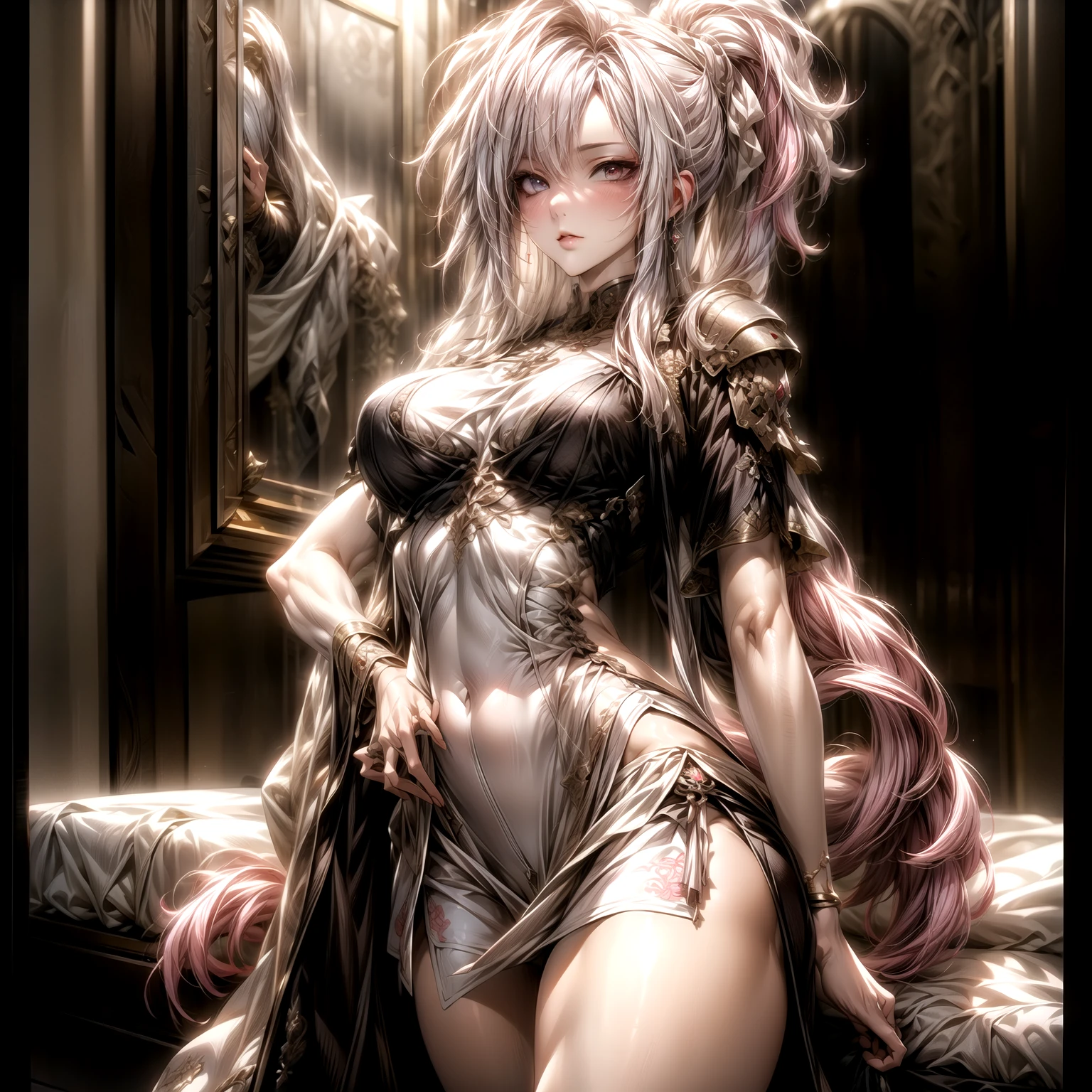 (best quality)), ((Masterpiece)), (details:1.4), 3d, HDR (high dynamic range), an image of a beautiful cyberpunk female, fantasy, medieval, Cyberpunk, Sleek style, pink hair, High pony tail, Hips up, Beautiful White eyes, จมูกโด่ง, ปากแดง, หน้าอกใหญ่, nvidia RTX, PBR surface, After processing, Anisotropic filtration,depth of field, Maximum clarity and clarity, multi-layered surface, Subsurface scattering, perfect proportions, 8K raw files, ultra detailed, Perfect proportions, volumetric lighting, soft lighting, Holy Paldin, Heavy Golden Armor, White dress, intricate Silver embroidery, glossy skin, Bed room Background, jewely, ต่างหู, mini white skirt, hands behind