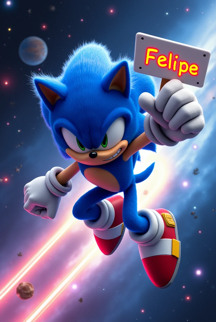 Super Sonic flying in space with a sign that says Felipe 