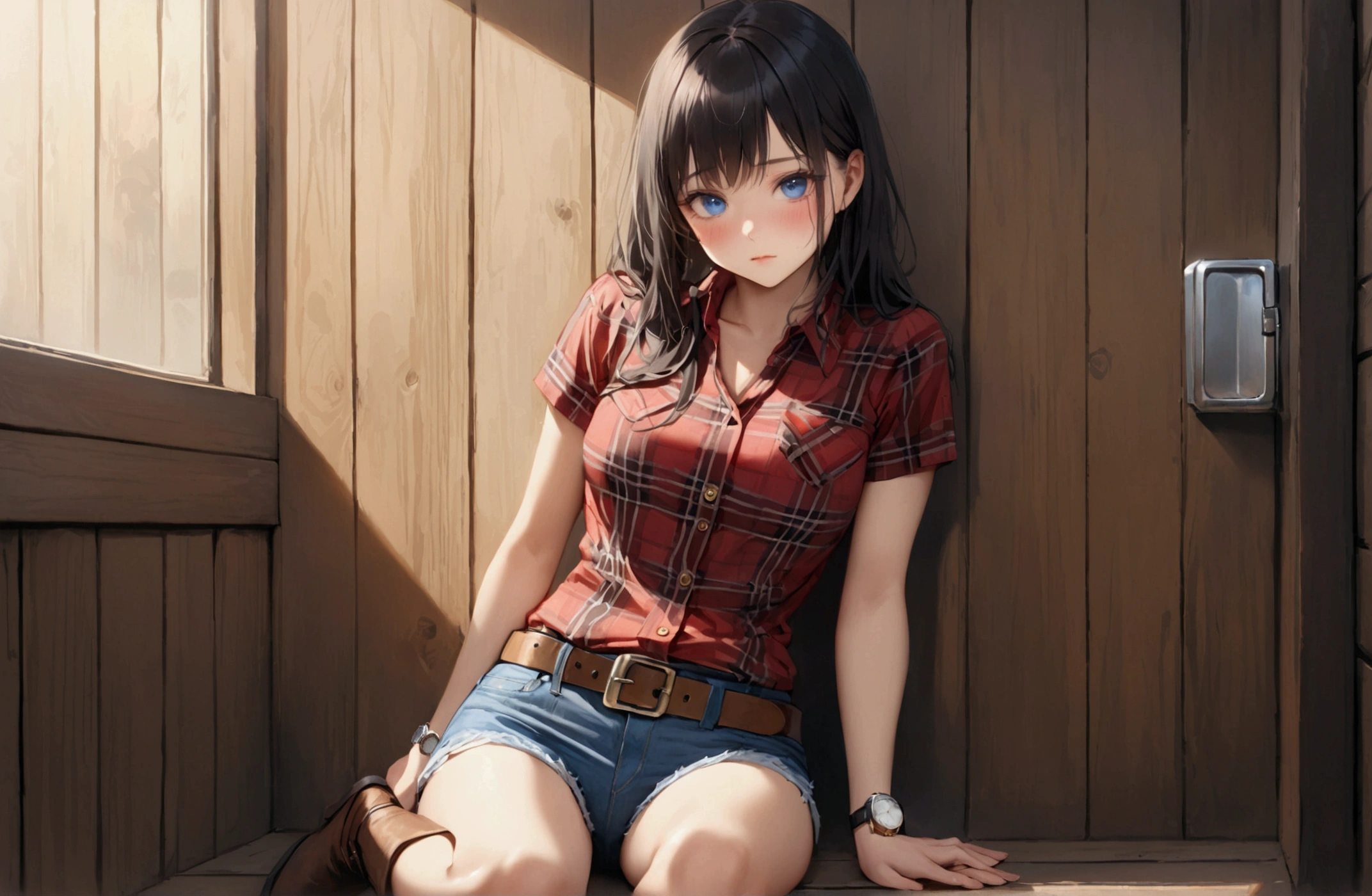 Woman with long black hair, Barely,blue eyes, An athletic body, (watch:1..5),(Brown belt with square buckle:1.5), (Brown western boots),(Red plaid tight ultra short sleeve collared cowgirl shirt),Navel exposed, (Denim hot pants),Blushed face,Strong drunk,Fascinating face,In front of a wooden wall,Front view,Photograph from the knee up,16K, Highest quality, masterpiece, Realistic, detailed