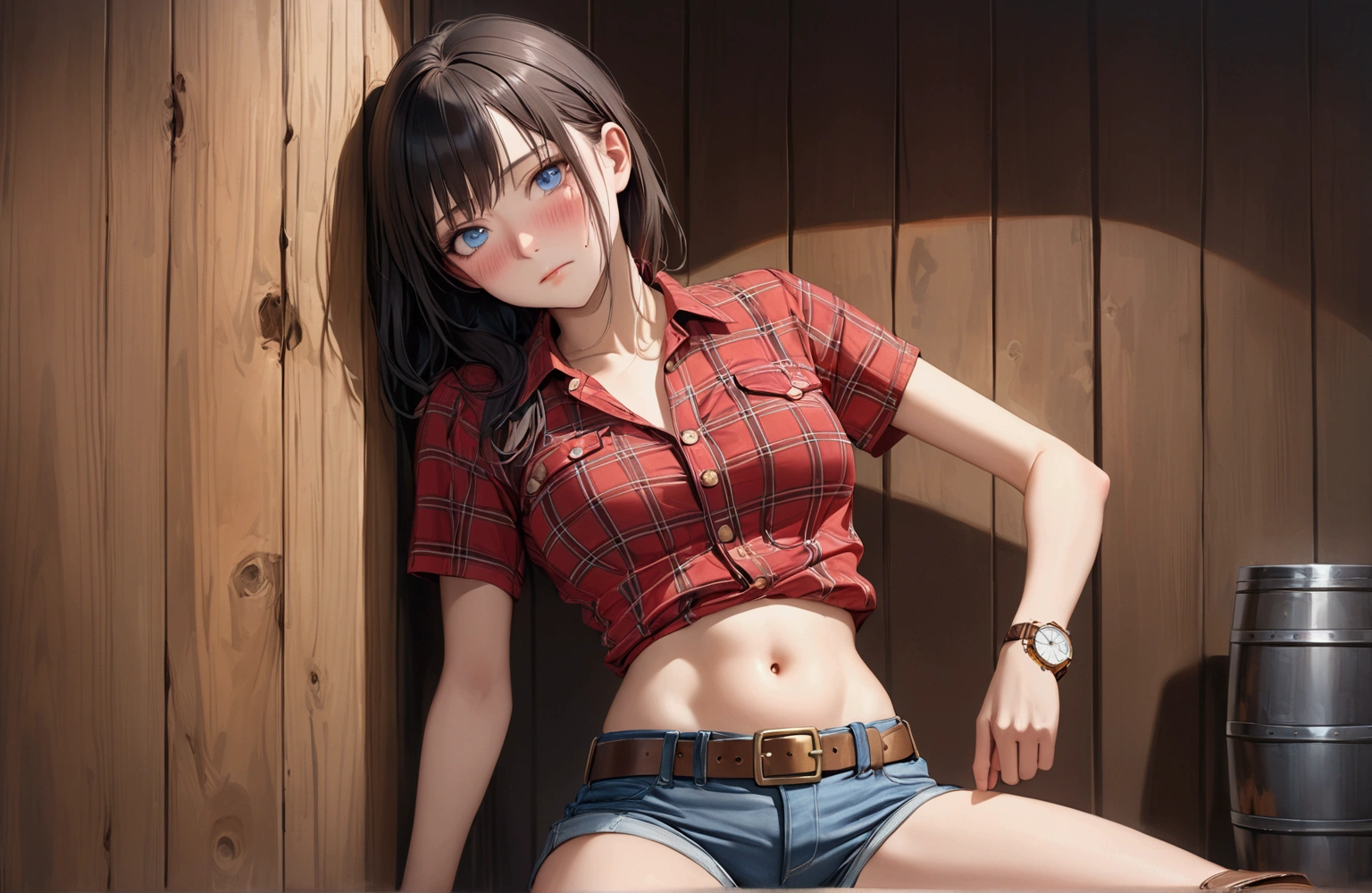 Woman with long black hair, Barely,blue eyes, An athletic body, (watch:1..5),(Brown belt with square buckle:1.5), (Brown western boots),(Red plaid tight ultra short sleeve collared cowgirl shirt),Navel exposed, (Denim hot pants),Blushed face,Strong drunk,Fascinating face,In front of a wooden wall,Front view,Photograph from the knee up,16K, Highest quality, masterpiece, Realistic, detailed