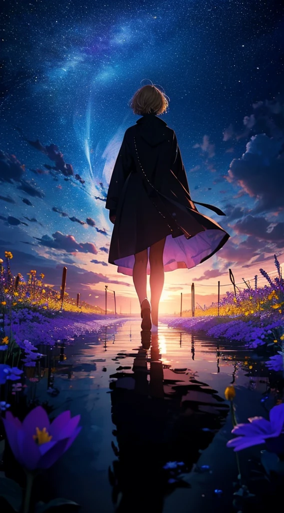 1people々々々々々々々々々々々,Blonde short hair woman,Long coat, Dress Silhouette, Rear View,Space Sky, Flower Field,Colorful flowers