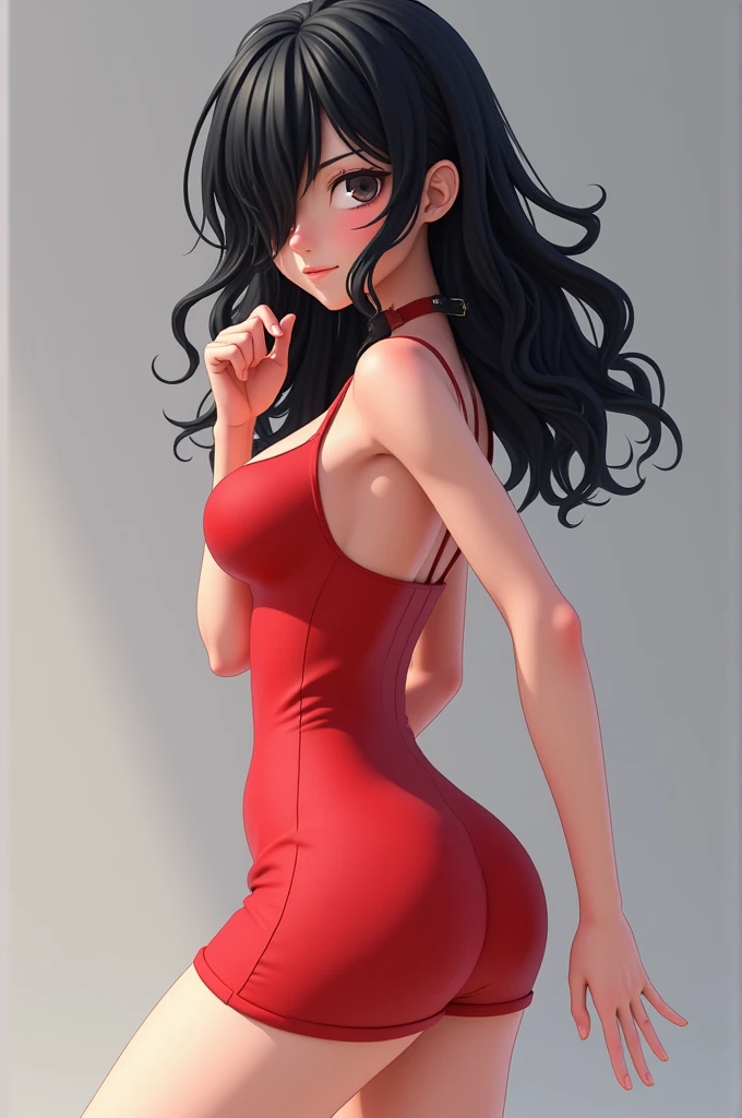 Create a 3d type of 1 anime girl with a red short skinny dress. Black long silky curly hair covering part of her left eye. Her Left hand pushing away apart of the hair. Her right arm pumping up the boobs. She standing in a ⅛ view showing us her medium round ass.
