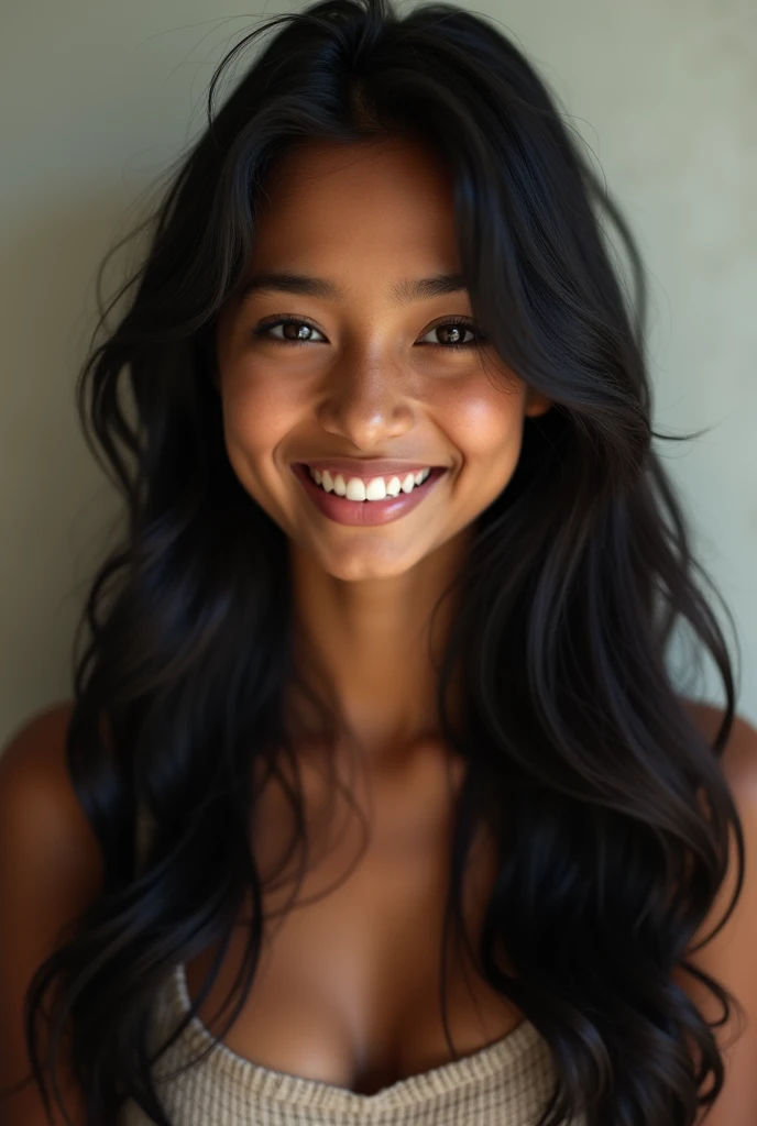 Bangladeshi 1 girl , oval shape face, unclothed belly, long black hair, smile, no make up on face, black skin