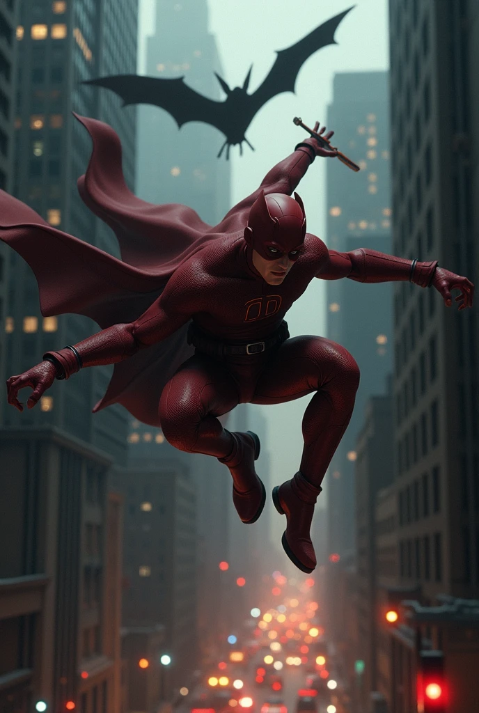 Daredevil and Vigilante Bat: Daredevil leaping across rooftops in Hell’s Kitchen with a shadowy, agile bat that helps him scout the area and track down criminals.daredevil riding vigilante