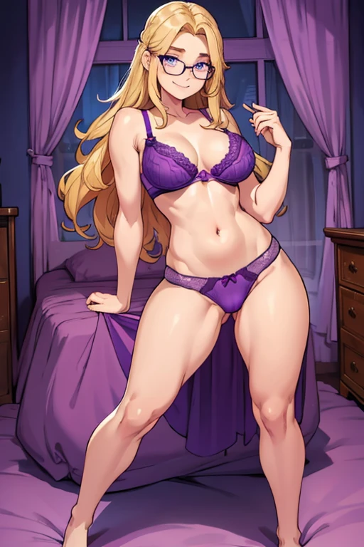 female, blonde long hair, blue eyes, (((1girl))), (((purple bra))), (purple pajama panties), (glasses), cute and sexy, full body, large breasts, large butt, long legs, smiling