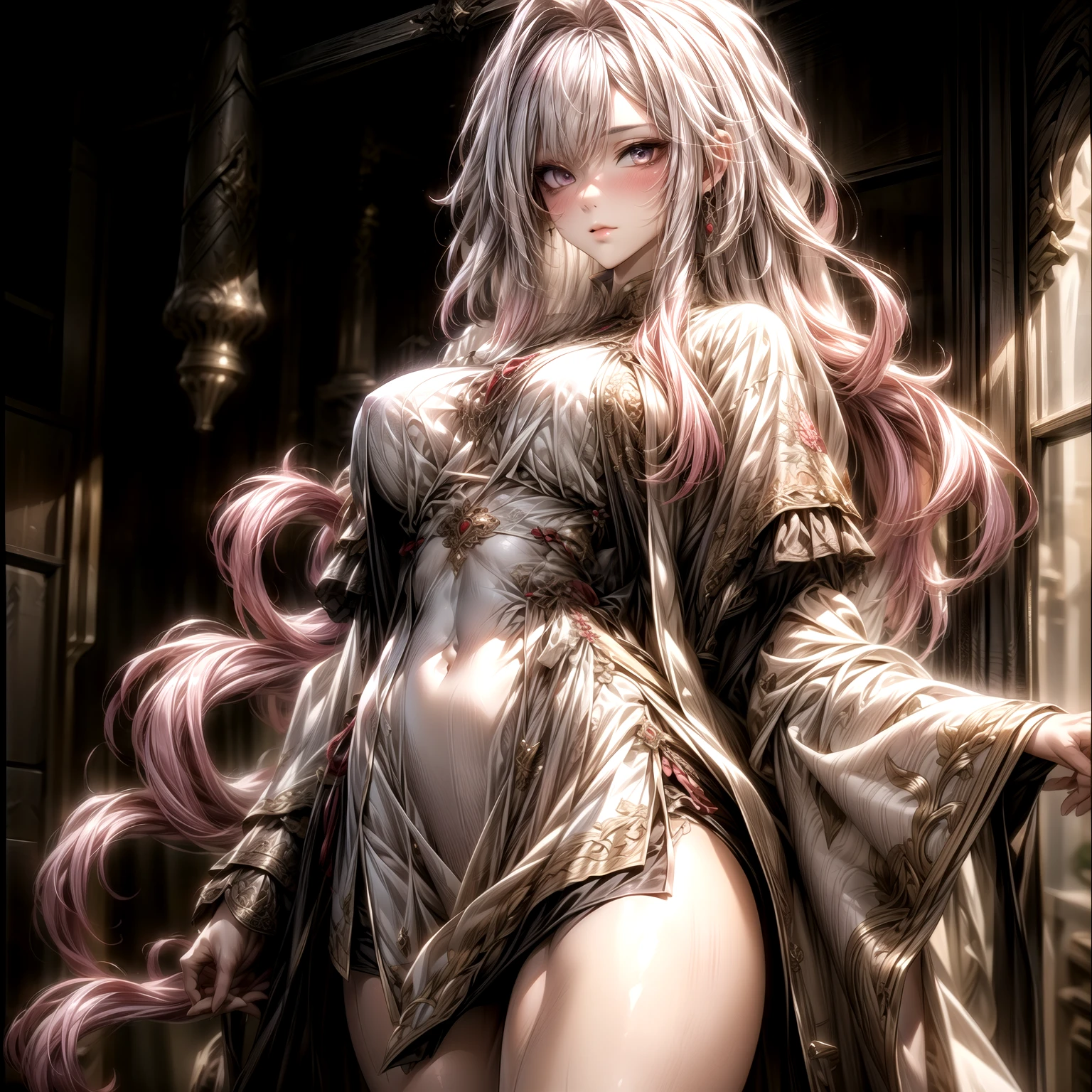 (best quality)), ((Masterpiece)), (details:1.4), 3d, HDR (high dynamic range), an image of a beautiful cyberpunk female, fantasy, medieval, Cyberpunk, Sleek style, pink hair, Curtain Bangs, Beautiful White eyes, จมูกโด่ง, ปากแดง, หน้าอกใหญ่, nvidia RTX, PBR surface, After processing, Anisotropic filtration,depth of field, Maximum clarity and clarity, multi-layered surface, Subsurface scattering, perfect proportions, 8K raw files, ultra detailed, Perfect proportions, volumetric lighting, soft lighting, Holy Paldin, Heavy Golden Armor, White dress, intricate Silver embroidery, glossy skin, Bed room Background, jewely, ต่างหู, mini white skirt, กำมือ
