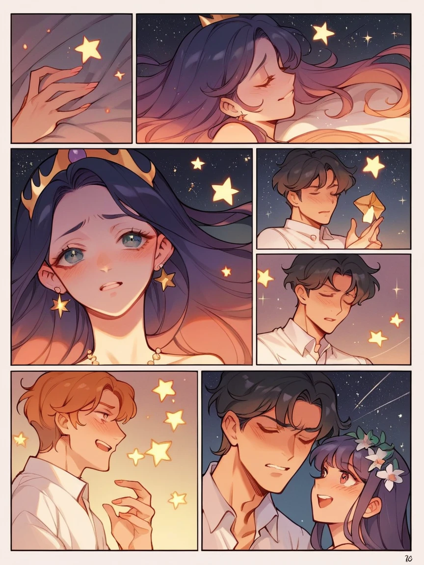 score_9, score_8_up, score_7_up, score_6_up, p4n3ls, 1girl, 1boy, stars, long hair, panels, (8k, best quality, master piece: 1.2),super high resolution,A page of a soft pastel colored comic book divided into frames、A princess falls in love with a demon、speech bubble、Powerful girl manga style