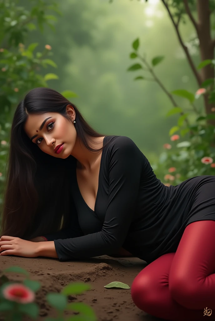 1girl, breasts, cleavage, long_hair, large_breasts, solo, lying, black_hair, kurti, leggings, outdoors, on_side, facial_mark, forehead_mark, black_kurti, red_leggings, realistic, pantyhose, blurry, lying down, garden, plantation, garth