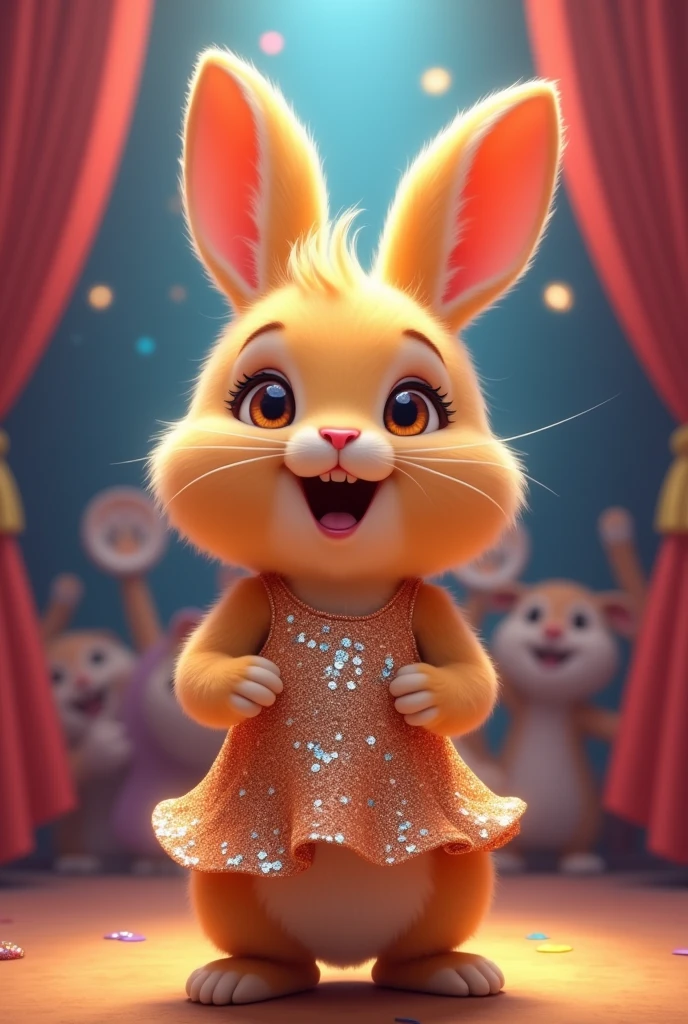 1 cute honey colored rabbit wearing a sequin dress singing on a stage giving a concert 
