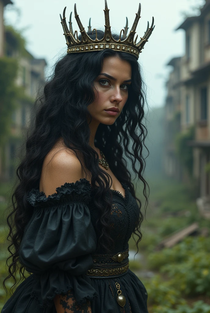 A beautiful European women, queen, Leaning forward, bending over, full body, wearing torn dress, long dress, bone crown, grey sky, Post-Apocalyptic city, lianas, trees, vines. She is 2, has black hair, long hair, curly hair and black eyes. Her cloth is stylish and her overall appearance is stunning. The girl's face is extremely detailed with beautifully detailed lips. Her skin is anatomically correct with realistic textures. The image should have super high details and be of the best quality, with a resolution of 8K. The final result should be a masterpiece, showcasing the girl's beauty and the vibrant atmosphere of The destroyed Post-Apocalyptic city and trees and vines