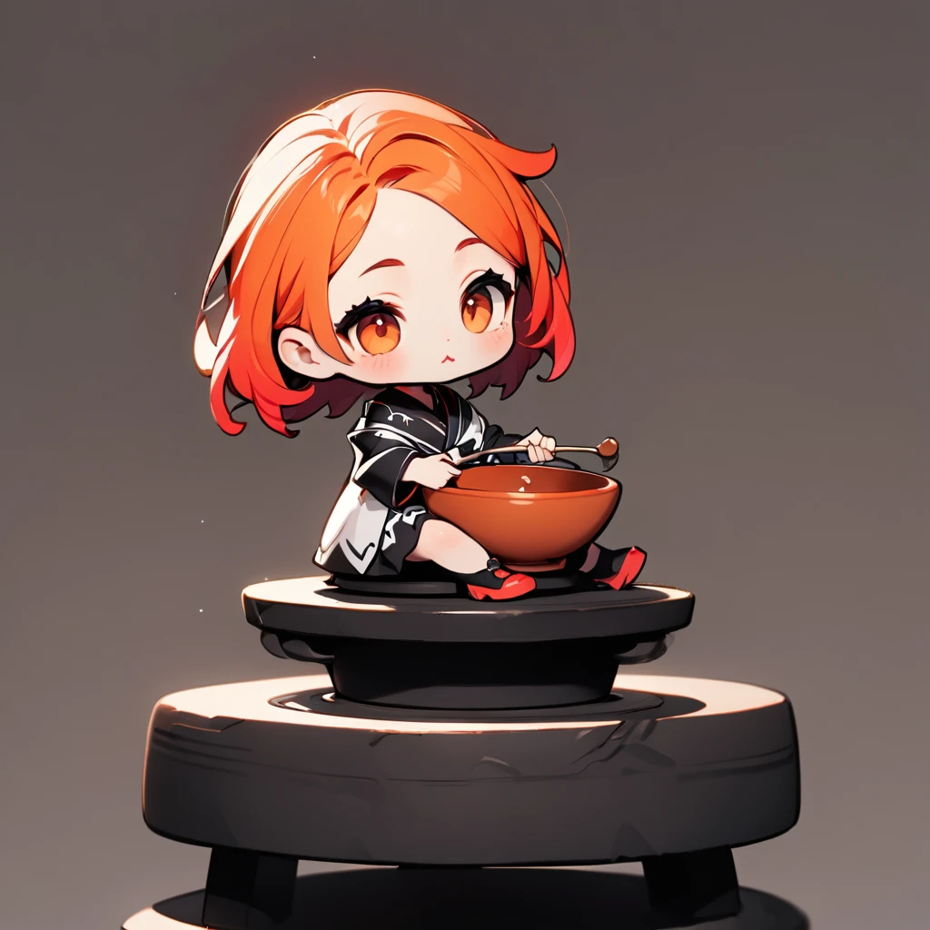 ultra-small deformation, Chibi Cute, 1girl, solo, full body, She is sitting on a large potter's wheel, holding a ceramic bowl, Licking lips, High contrast and vivid color, simple background