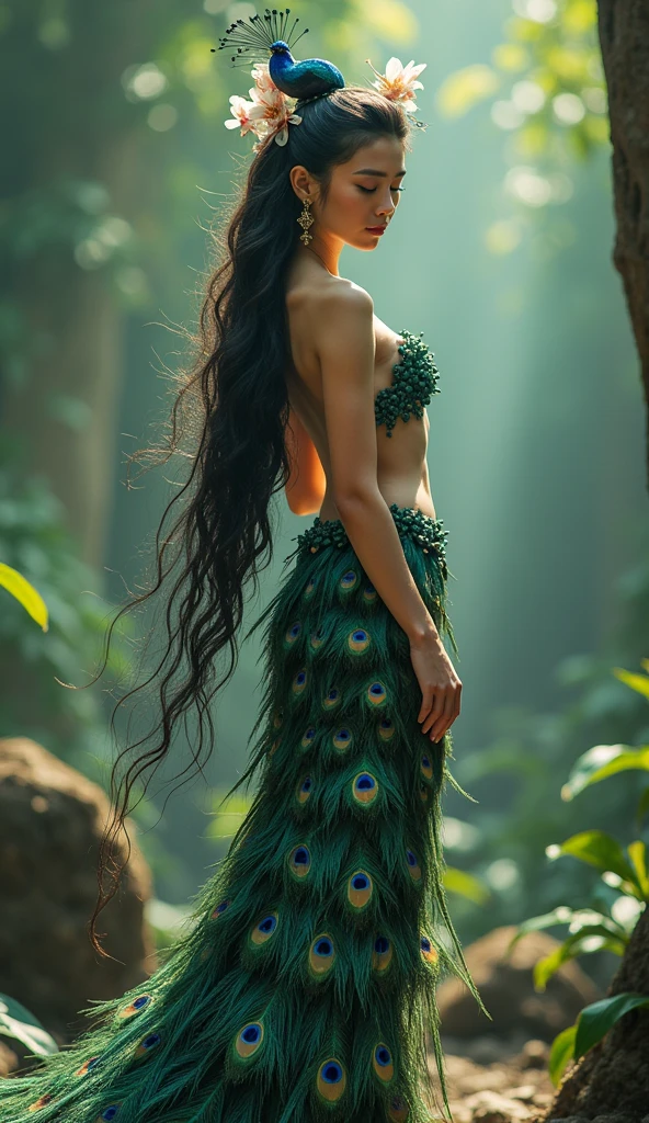 A realistc movie shot beautiful woman with a good figure, with a flower on her back and hair, a peacock's tail, and peacock-like feet, just like in Thai legends best-quoliti