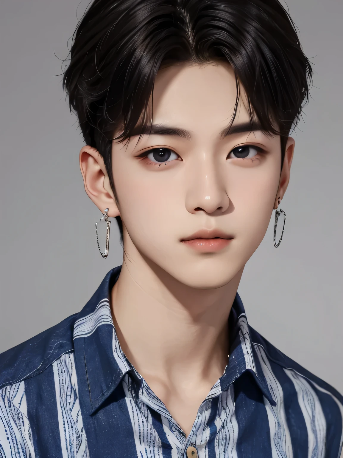 A handsome young man with black hair, wearing a blue and white patterned shirt, in the style of a K-pop idol boy. He has an extremely delicate facial structure, striking eyes, a high nose bridge, slightly parted lips, slender eyebrows, clear skin texture, natural-looking makeup, and bright colors. The photograph is a close-up portrait of the upper body against a solid background, with natural lighting. --ar 29:46** - earrings