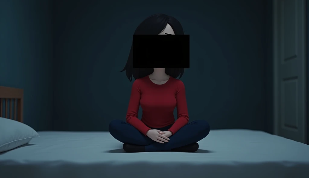 The image shows a character from an animated film. The character’s face is blurred out and obscured by a black rectangle. They appear to be sitting with legs crossed on a white surface, possibly a bed or bench. The character is wearing a red top, and the background is dimly lit, suggesting an indoor setting during nighttime or low light conditions.